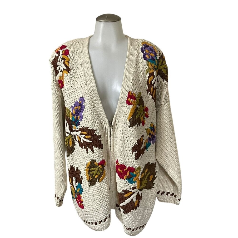 Vintage SK Wear‎ Floral Knit Cardigan Sweater 2X Beige With Zipper 55% Ramie 45%